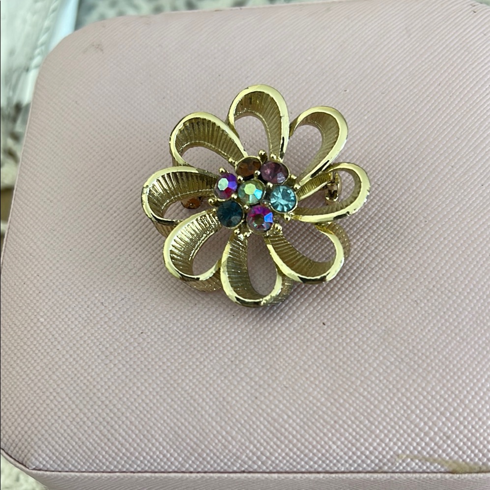 Gold Floral Brooch With Multicolor Gems 15$
